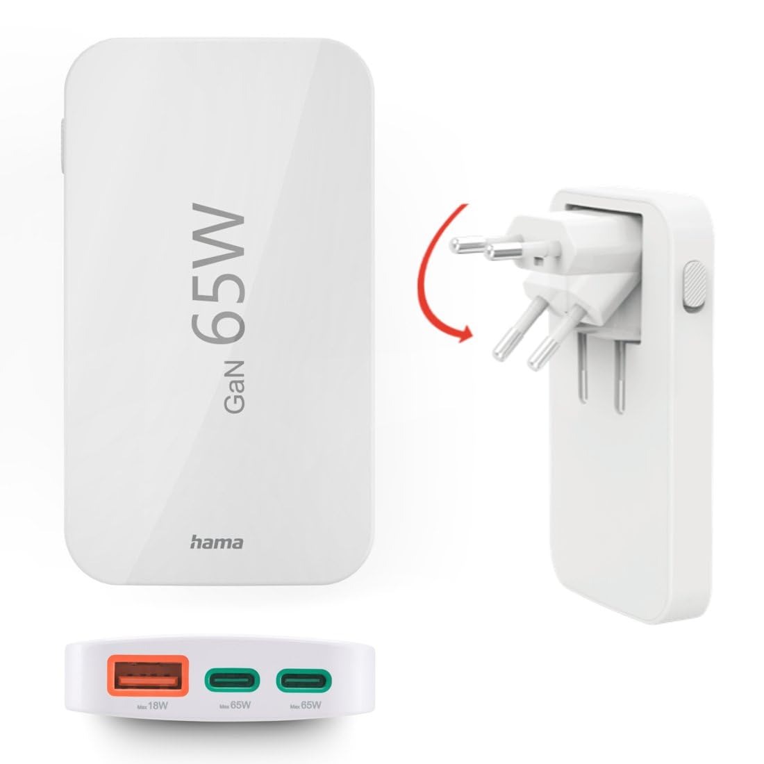 Hama USB C Ladegerät (Schnellladegerät 65 Watt, Ladestecker für Steckdose 2X USB-C, 1x USB-A, für Handy, Laptop, Tablet, unterstützt Power Delivery, Mehrfach USB-Ladegerät mit GaN-Technologie) weiß