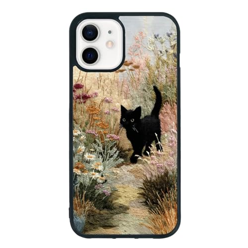 qizjio Cute Black Cat Phone Case, Shockproof Protective Embroidery Flower Cover for iPhone 12/12 Pro