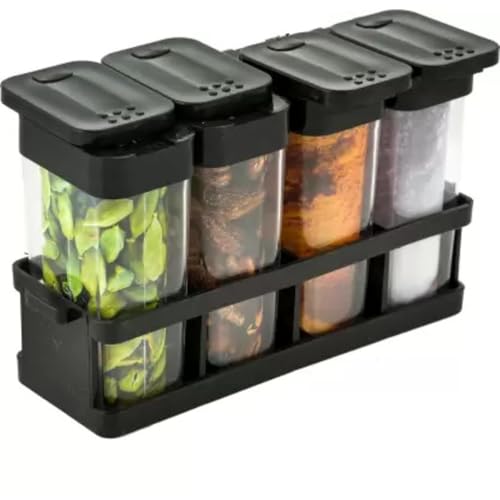 Image of PAXCOO 4Pcs Set Air tight Masala Box Transparent Spice Storage Jar For Kitchen Masala Container With Tray,Easy Flow Spice Multi Storage Container Food-Grade Plastic,Multipurpose,Kitchen(Black)