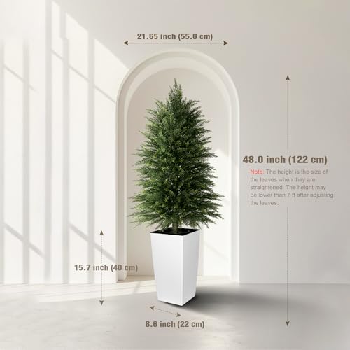 4FT Tall 2 Pack Artificial Cedar Topiary Trees with Full Bushy Columnar Shape, Realistic Faux Cypress in Square White Pot with Fillable Water Bag, Outdoor Evergreen for Front Porch Garden Home Decor — view 6