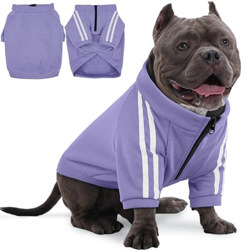 PUMYPOREITY Bulldog Apparel Perfect for French & English Bulldogs, Bully Breeds, Breathable Dog Hoodie with Striped Sleeves, Zipper Front for Easy Wear, Purple, XL