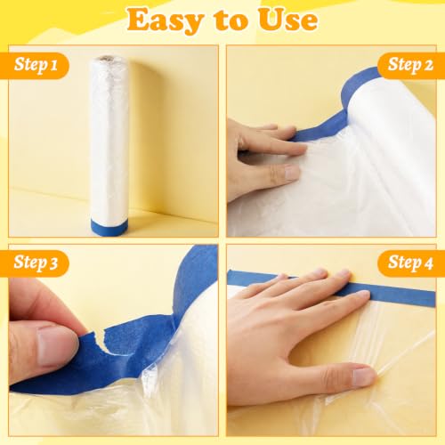 Image of 4 Rolls Painters Plastic with Tape 8.8 x 88 Feet Pre-Taped Masking Film Paint Plastic Covering for Painting, Automotive Covering and Appliance Protection