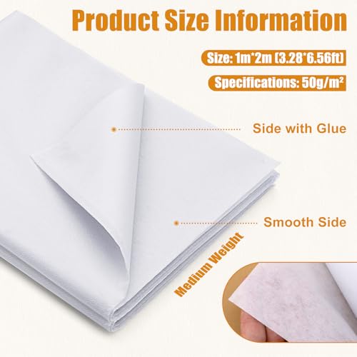 Jupean 39\" x 79\" Medium Weight Fusible Interfacing for Sewing: White Interfacing Fabric for Sewing Iron on Interfacing Medium Weight for DIY Craft Quilting (50g / m²)
