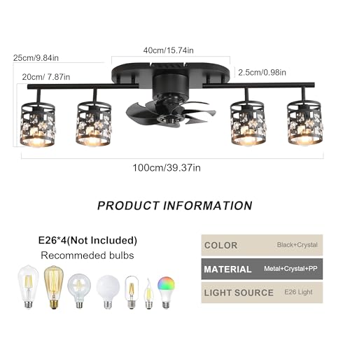 Image of Garwarm 39.3 inch Ceiling Fans with Lights and Remote, Black Fandelier Crystal | Flush Mount Ceiling Fan with 360 Rotatable Lampheads, 6 Speeds,Timing, Reversible DC Motor for Bedroom, Kitchen, Dining Room