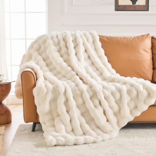 IKALIFE Kuscheldecke Flauschig Bubble Wolldecke 130x150cm Creme | Plüsch Felldecke, Weiche Kaninchenfell Decke, Warm Kunstfelldecke Felloptik, Fellimitat Wohndecke für Couch Sofa W