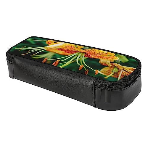 Fionel Orange-Yellow-Flower Pu Leather Quad Pen Case Zipper Pencil Pouch Holder For Pens Case Office Storage Box Organizer Pen Bag(8×1.5×3.5 In) #TOP5
