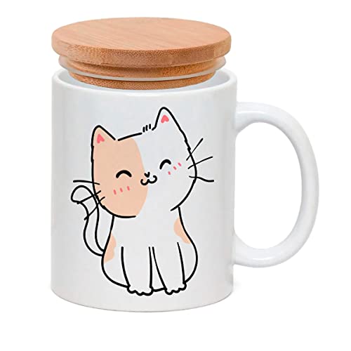 Caneca Porcelana com Tampa GATINHO GATO PINTADO BRANCO FELIZ