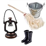 Hochwertiges Material:Der Moppgriff bestand aus Holz ,der Eimer aus Eisenblech,der Öllampe aus Legierung und der Rubber Rain Boot aus Gummi