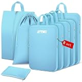 8 Set Compression Packing Cubes for Travel, Expandable Compression Cubes for Suitcases, Lightweight Suitcase Organizer with Shoes & Laundry Bags, Travel Accessories for Men Women (Light Blue)