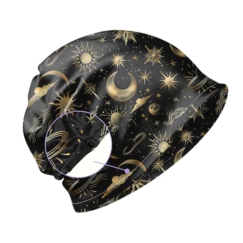 Deokke Chemo Caps Adjustable Slouchy Beanie Hat Stretch Cancer Head Elastic Wraps Turban Sleep Headwear for Women Girls Men-Sun Moon