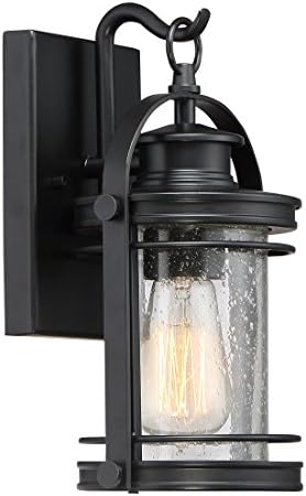 Quoizel Booker Outdoor Wall Lantern, 12 Inch 1-Light Mystic Black Vintage Wall Sconce, Decorative Wall Light with Clear Seedy Glass, 100W, Outside Lights for Patio, Porch, Garage or Front Door