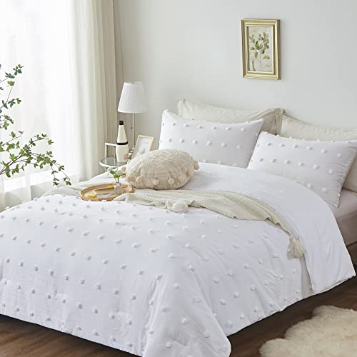Flymme White Tufted Dots Comforter Set Queen Size 3 Pieces, Boho Pom Pom Comforter With 2 Pillowcases, Shabby Chic Tufts Comforter For All Season, Solid Soft Microfiber Boho Bedding For Women Girls #TOP1