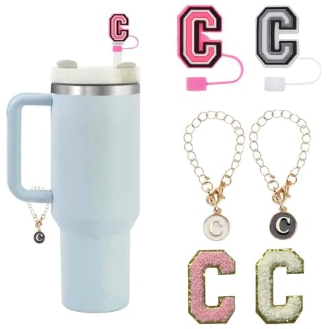 6PCS Stanley Cup Letter Charm Accessories, Silicone Straw Cover Cap Toppers, Adhesive Chenille Letter Patch Sticker, Initial Letter Hydro Charms for Stanley 30 40 Oz Tumblers Handle Decor C Cover