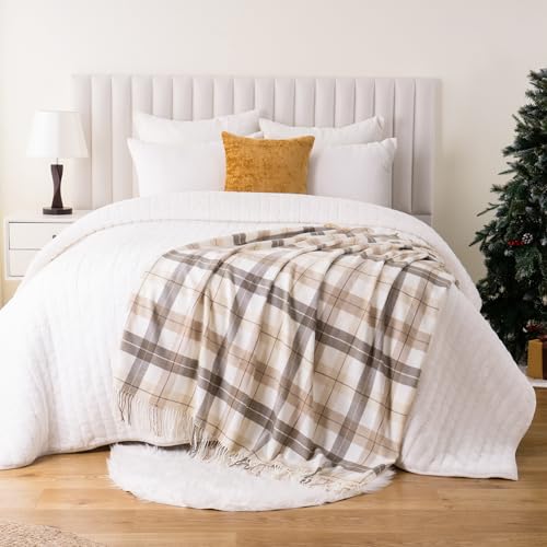 BATTILO HOME Fall Plaid Throw Blanket for Couch, Farmhouse Checkered Decor Throw, Lightweight Beige Throw Blankets for Bed Sofa Neutral Fall Decor, 49"x63"