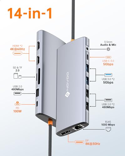 NOVOO USB C ハブ 14-in-1 8K@30Hz 3画面出力 デュアル 4K@60Hz 40cm延長ケーブル USB-C type-c ドッキングステーション 【DP+2 HDMI+5 USB+Type C 5Gbps+PD 100W急速充電+SD+TF+RJ45+3.5mmオーディオ+マイク】NEC/Dynabook/iPhone 17