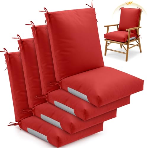 Geelin 4 Pack High Back Patio Chair Cushions for Outdoor, 44 x 21 x 5 Inch Tufted Seat and Back Pads with Ties, Thick Weather Resistant Cushions for Outdoor Furniture (Red)