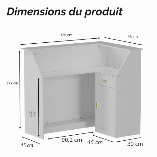 MSFE Comptoir de Réception avec LED, Moderner Comptoir Caisse Comptoirs Accueil avec Tiroir et Armoire et étagère D'exposition Comptoirs Caisse Salon de Coiffure,Bureau,Boutique, 126x93x111cm (Blanc) – vue 2