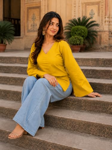 Image of Women's Cotton Short Kurti Black Solid Plain V Neck Full Bell Sleeve Casual Stylish Short Kurta for Women for Jeans Daily Girl Top