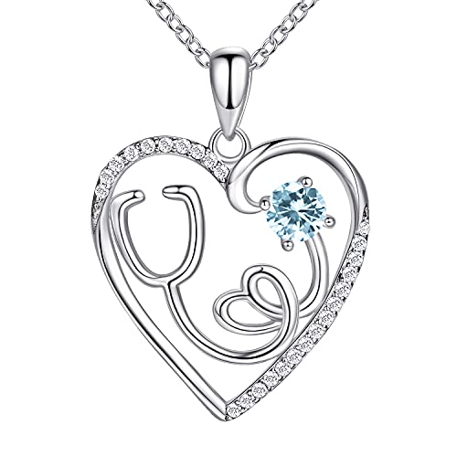 AmorAime 925 Sterling Silver Heart Necklace Nurse Necklace Stethoscope Birthstone Necklaces for Doctor RN for Festival or Holiday