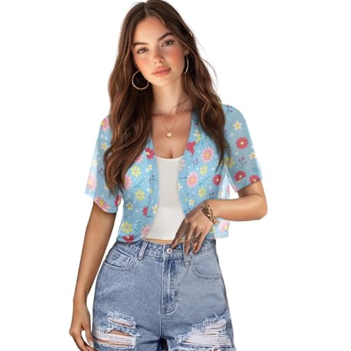 Image of Womens Short Sleeve Cardigans Lightweight Summer Cardigan Trendy Bolero Shrug Cute Floral Cardigan Sheer Bolero