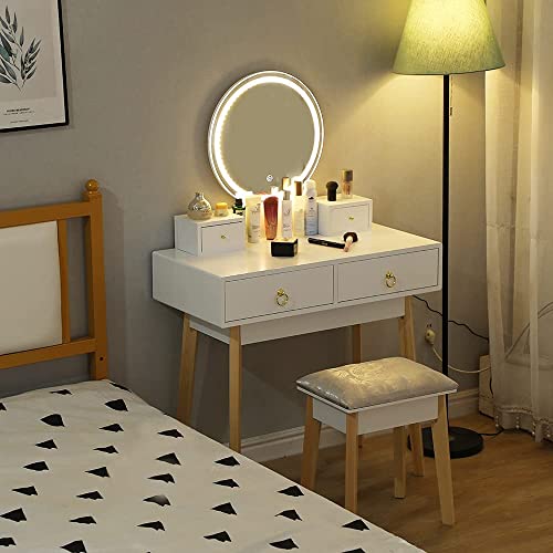 bigzzia Dressing Table with Mirror LED Light Adjustanble Brightness Makeup Table Stool Set Modern Dresser Vanity Cushioned Stool with Makeup Organizer (C) 1 bigzzia Dressing Table with Mirror LED Light Adjustanble Brightness Makeup Table Stool Set Modern Dresser Vanity Cushioned Stool with Makeup Organizer (C)