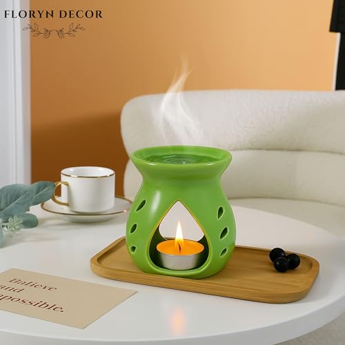 Image of Floryn Decor Ceramic Diffuser with Free 3 Tealight Candles | Home Fragrance, Spa, Office & Yoga | Aromatherapy Gift Set of 3 (Green)