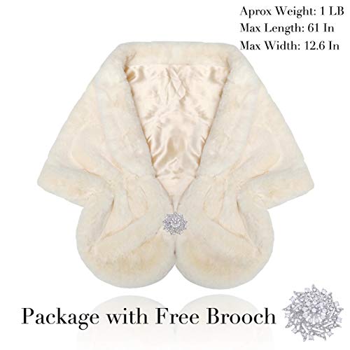 Aukmla Women's Wedding Faux Fur Shawls and Wraps Bridal Fur Scarf Stoles with Rhinestones Brooch for Bride and Bridesmaids (Beige)