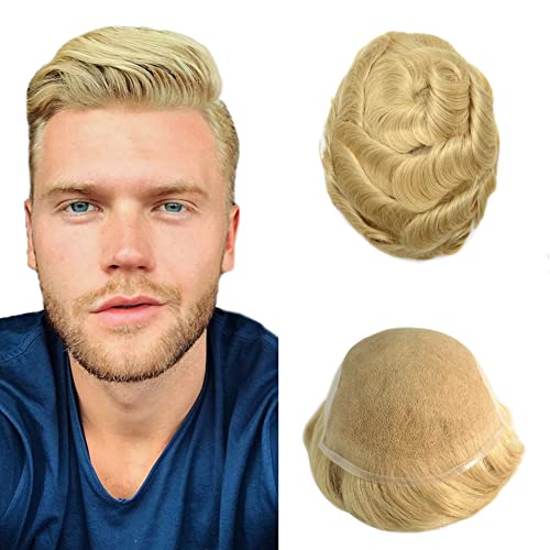 French Lace Mens Toupee European Human Hair Hand Tied Hair Units With Bleached Knots And Natural Hairline Breathable Swiss Lace Center Poly Coating Skin At Sides Hair Replacement System Wigs For Bald Men (7X9", 22R#-100% Light Density) #TOP7