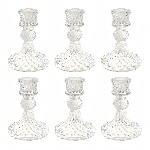 ECHFSM Glass Candlestick Holder,Striped Taper Candle Holders,Set of 6 Candle Stand for Table Centerpieces, Home Decor,Weddings,Festival and Parties (Clear Dimond Pattern)
