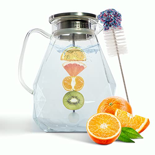 VESTAhome Glaskaraffe mit Deckel (2 Liter) - Große Karaffe Glas mit Fruchteinsatz & Reinigungsbürste - Hochwertige Wasserkaraffe für Wasser & Säfte Cover