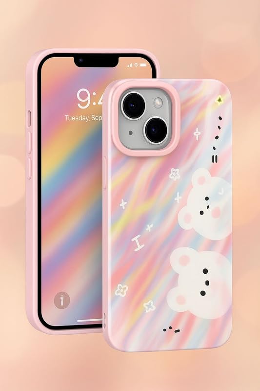 Image of COVERLY for iPhone 14 Plus 3D Pastel Rainbow Teddy Bear Phone Case, Luxury Texture Trendy Retro Cute Fashion Artistic Kawaii Aesthetic Design Heart Princess Cover for Apple iPhone 14 Plus