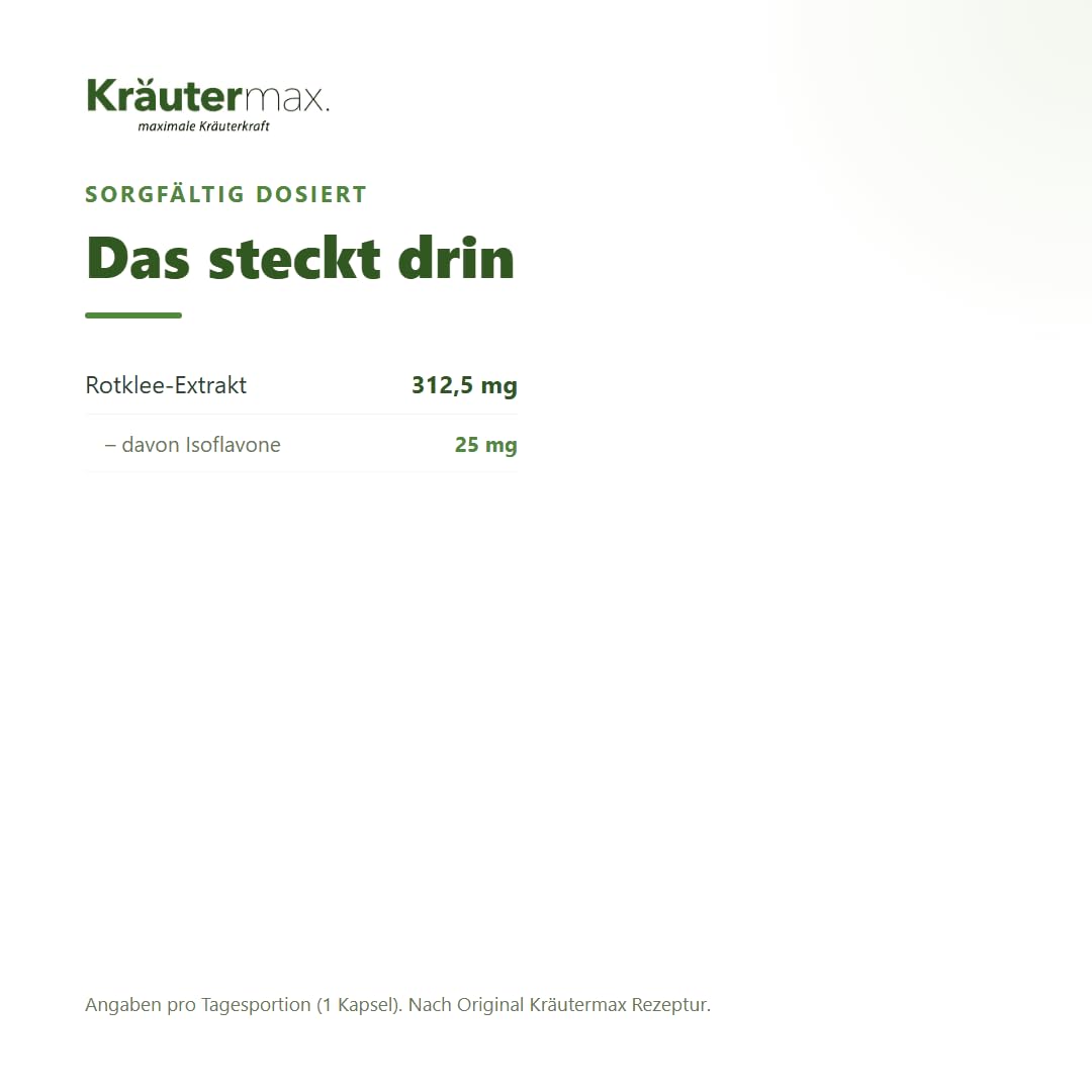 Kräutermax Rotklee Kapseln Hochdosiert mit Isoflavone, Optimale Ergänzung zu Rotklee Tee, 60 Kapseln