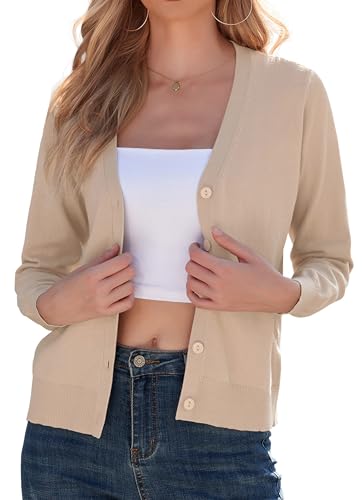 GRECERELLE Women's Lightweight Knit V-Neck Cardigan, Khaki L - Image 3