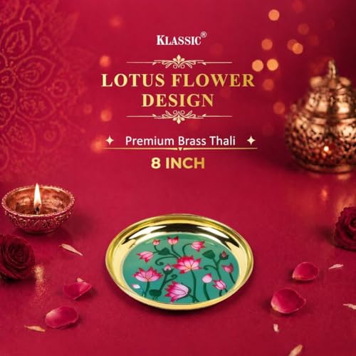 Image of Klassic 8 Inch Handcrafted Brass Thali /Aarti Plate | Lotus Design, Beautifully Embossed Colorful Decorative Plate for Puja /Worship, Aarti, Karwa Chauth, Navratri, Diwali Gifts | (Pack of 1)