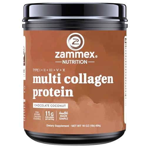 Image of Zammex Multi Collagen Protein Powder, Type I & III & V & X, Hydrolyzed Collagen Peptides for Women & Men, Supports Hair and Skin, Gut Health, 41 Servings, Chocolate
