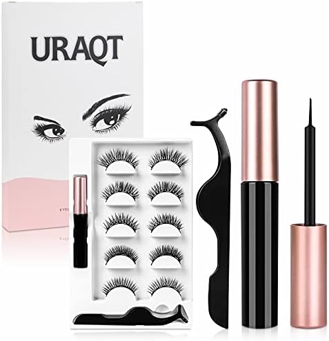 URAQT Magnetic Eyelashes with Eyeliner Kit, 5 Pairs Natural Look False Eyelashes with Applicator, Waterproof Eyeliner Reusable Fake Lashes for Makeup Eyelashes Extension