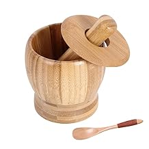 مجموعة قذائف الهاون والحنكة مع غطاء وملعقة ، طاحونة التوابل Natura Bamboo ، سحق ، صحافة ، توابل الهريس ، الأعشاب ، الثوم ، الفلفل ، جواكامول ، المكسرات ، الفاكهة, 4.6 بوصة وعاء مورتار وبيستل للمطبخ