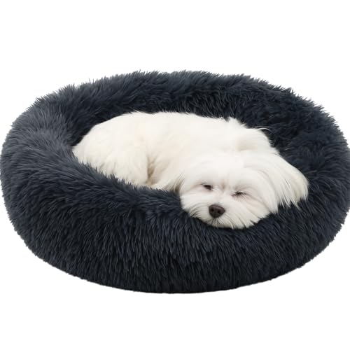 Flamingo Hundebett flauschig, Katzenbett, Donut Kissen, waschbar, Polsterung in der Mitte herausnehmbar, Langer Plüsch, 55 cm Durchmesser - grau