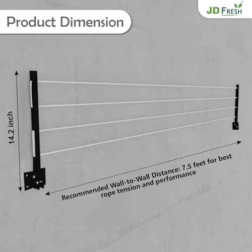 Image of JD FRESH Metal Foldable Wall Mount Cloth Drying Stand with 30 Feet Rope /Wall Hanging Clothes Dryer Rack for Balcony & Indoor Use /Space Saving Wall Mounted Laundry Hanger(Black)