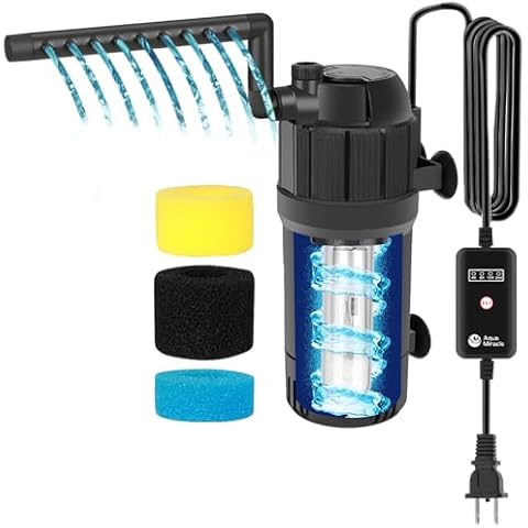 AquaMiracle Aquarium Filter for Green Water, U - V Fish Tank Filters with Timer (4/8/12/24 Hrs), Dual Mode (Aeration/Rainfall) Fish Filter for 10-40 Gallon Tanks, Flow Rate and Direction Adjustable Cover