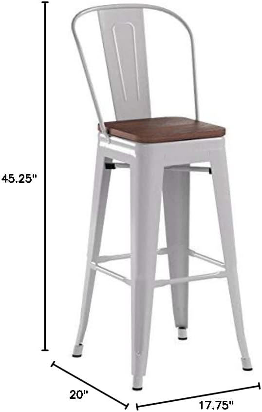 Taylor + Logan 30 Inch High Metal Barstool with Back and Wood Seat, Silver