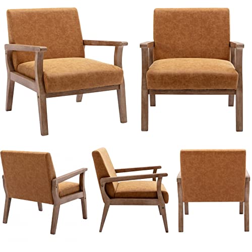 Wahson Mid Century Armchair With Wood Frames, White Faux Leather Upholstered Farmhouse Living Room Chair, For Living Room Bedroom, Tan #TOP3