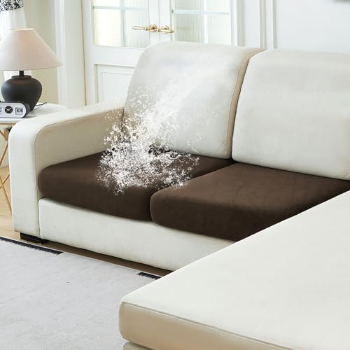 NAISI Waterproof Couch Cushion Covers Thick Velvet Fabric Washable Sofa Slipcovers 2 Pieces Individual Sectional Couch Covers with Elastic Bottom(2 Pcs for 2-Seat or Backrest,Caramel)