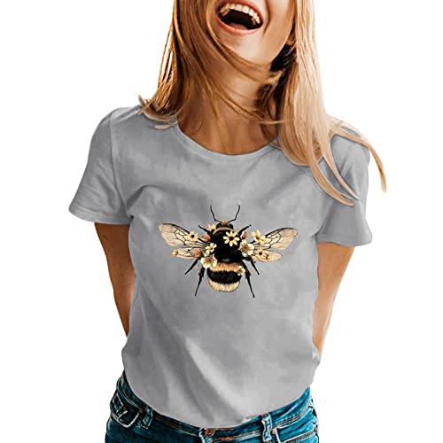 Camiseta Mujer Diseño De Moda Camiseta Fitness Blusa De Manga Corta Vacaciones De Noche Verano Sexy Túnicas Barato Camiseta Elegante Y Elegante Top Impreso Abeja Retro Blusa, gris, L