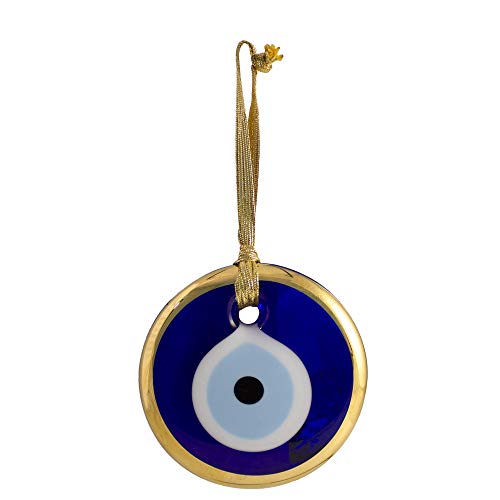 Gold Gilt Handmade Evil Eye Glass Charm Decorative Turkish - Greek - Jewish - Christian Christmas Ornament (2.75 Inches) #TOP2