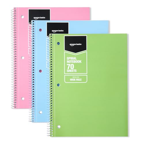 Amazon Basics College Ruled Spiral Notebook, For Work and School, 70 Sheets, 8" x 10.5", 3 pack, Assorted Pastel Solid Colors