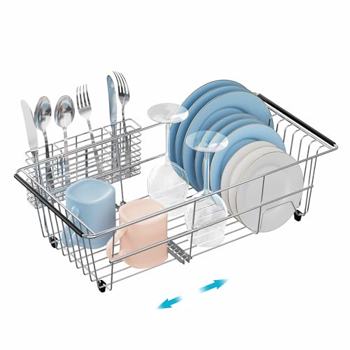 iPEGTOP Expandable Over Sink Dish Drying Rack, Multifunctional Adjustable (14"-18.5") Rustproof Stainless Steel Dish Drainer Organizer Shelf with Utensil Holder for Kitchen Counter