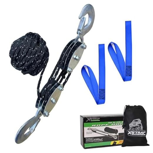 XSTRAP STANDARD Heavy-Duty 2,000 LB Breaking Strength 50 FT Reflective Rope Hoist, 1000 LB Work Load Block and Tackle Pulley System for Lifting Heavy Objects (Black with Reflective Strips)