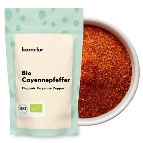 Kamelur 250g de piment de Cayenne BIO en poudre - poivre de Cayenne biologique de haute qualité, finement moulu et sans additifs - 9.000 Scoville - dans un emballage biodégradable