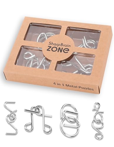 4-in-1 Puzzle Bright Curve Set by Sharp Brain Zone – Heavy Duty Metal Brain Teasers, Unique IQ Puzzle Games for Problem Solving, Stress Relief, Focus Training and Entertainment